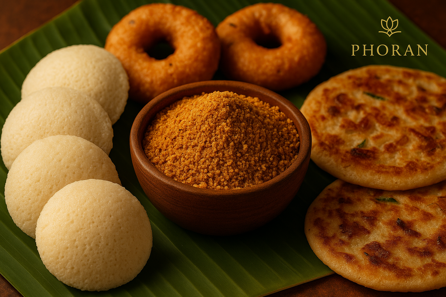 idli podi powder in bowl with Idli Vada uttapam, phoran branding