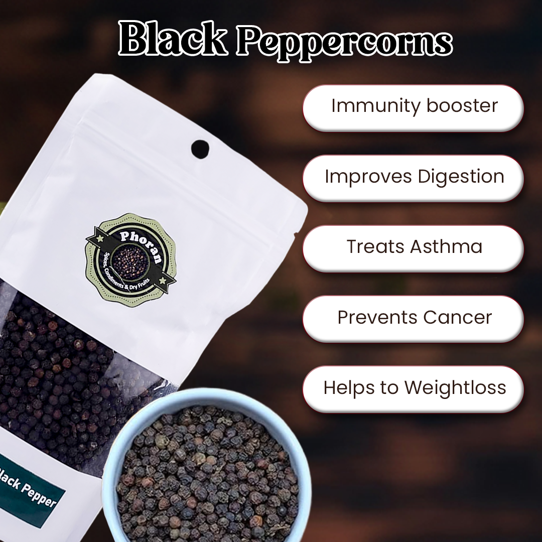Phoran Premium Kali Mirch — whole black peppercorns from Kerala, India's king of spices, sourced for density, aroma and uniform size