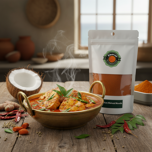 Phoran Malvani Masala — authentic Konkan spice blend with roasted coconut, Kashmiri red chillies, stone flower and tirphal from the coastal belt of Maharashtra