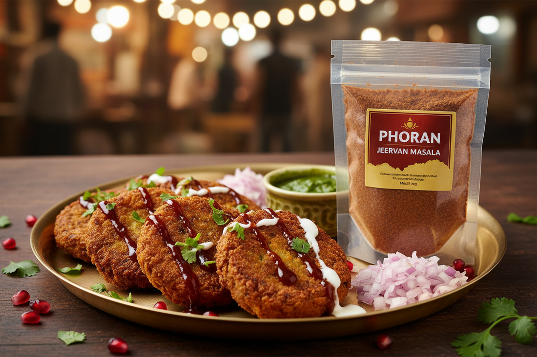 Golden crispy aloo tikki on a plate with green mint chutney and tamarind chutney, dusted with chaat masala