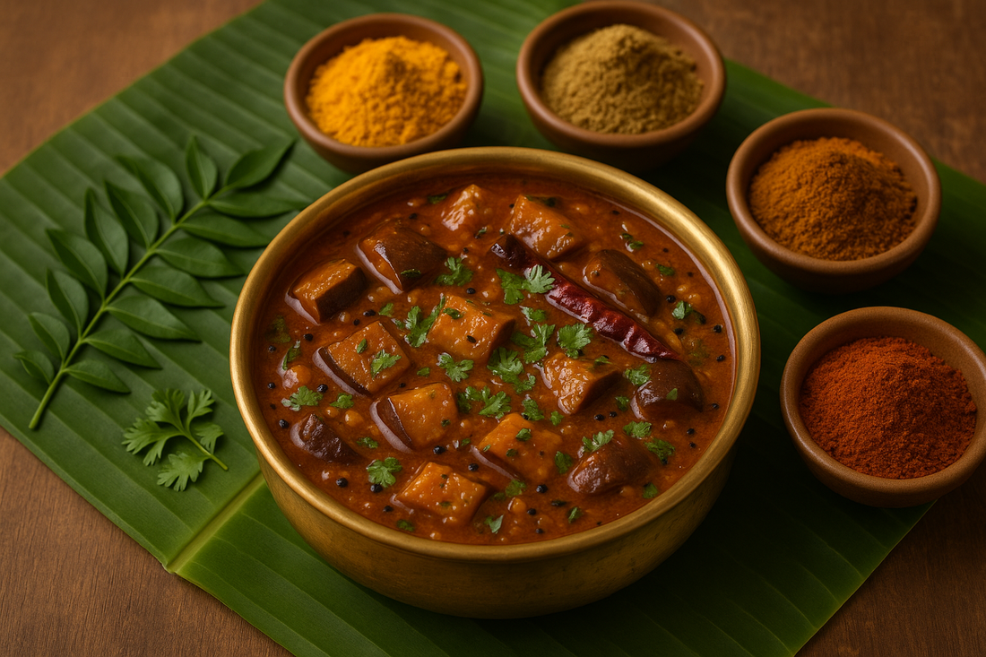 Chidambaram-Style Brinjal Gothsu (Katharikkai Gothsu) with Phoranmasala Spices