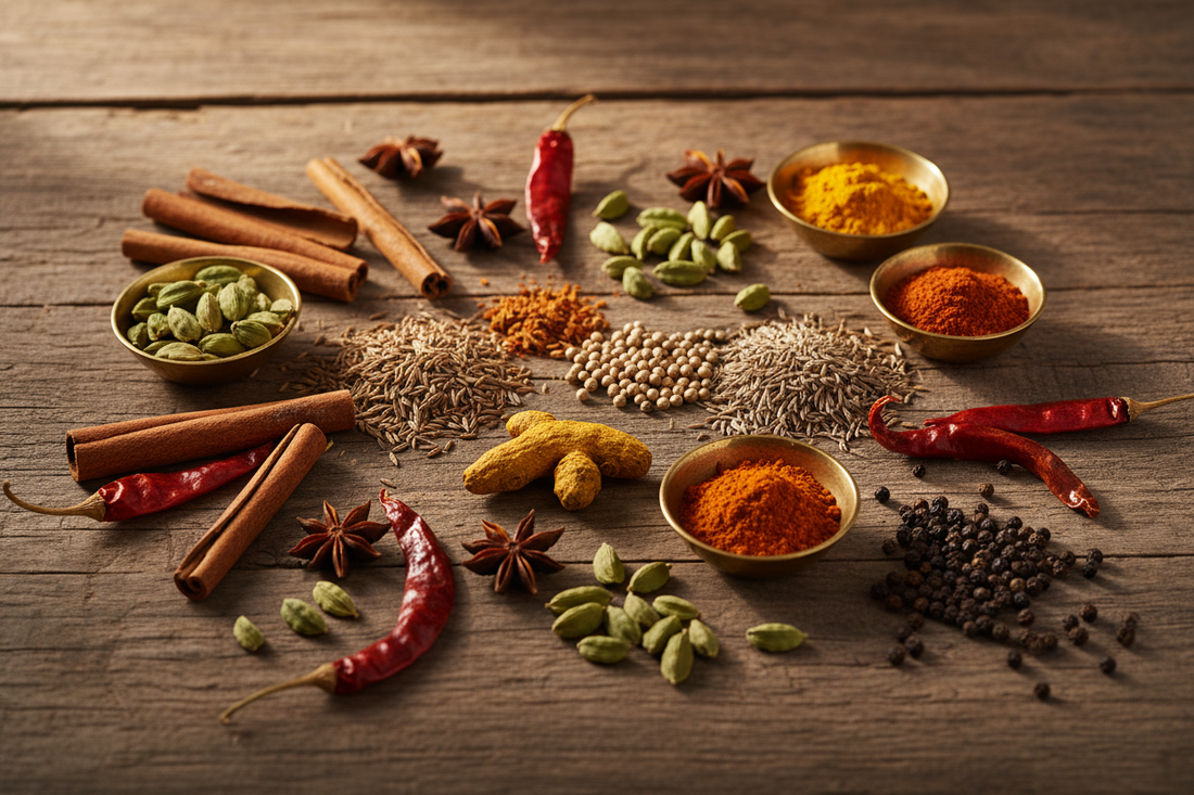 Whole Indian spices alongside ground spice powders — comparing cumin seeds vs cumin powder, coriander seeds vs coriander powder