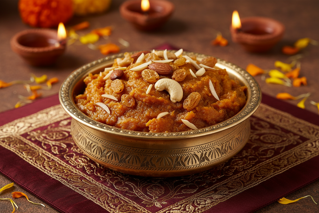 Sooji halwa in a brass bowl — deep golden semolina dessert topped with cashews, almonds, and cardamom, served warm
