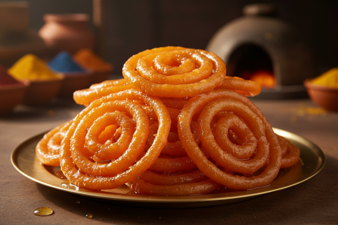 Fresh jalebi — crispy orange spiral sweets soaked in cardamom and saffron sugar syrup