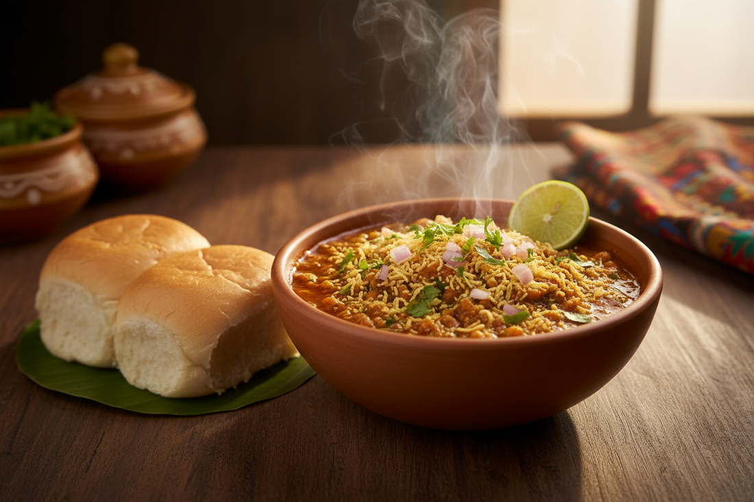 Mumbai street-style Pav Bhaji — mashed vegetable curry with generous butter, Phoran Pav Bhaji Masala, and buttered toasted pav
