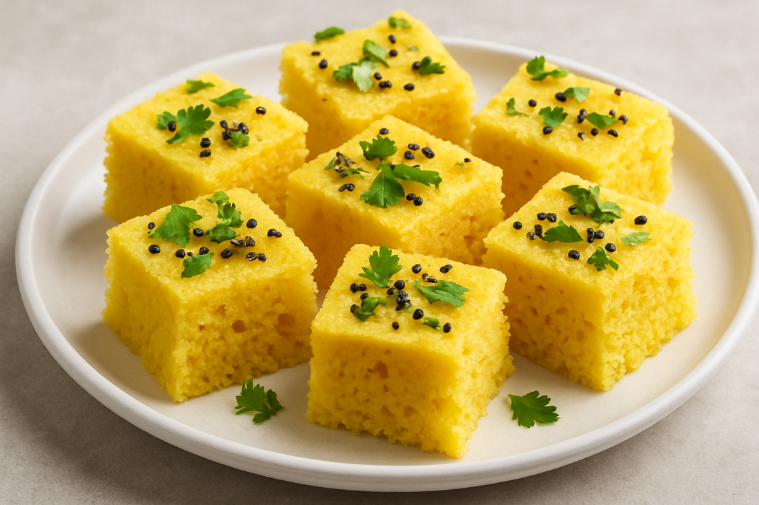 Dhokla — soft yellow Gujarati steamed chickpea cake with mustard seed tempering and fresh coriander