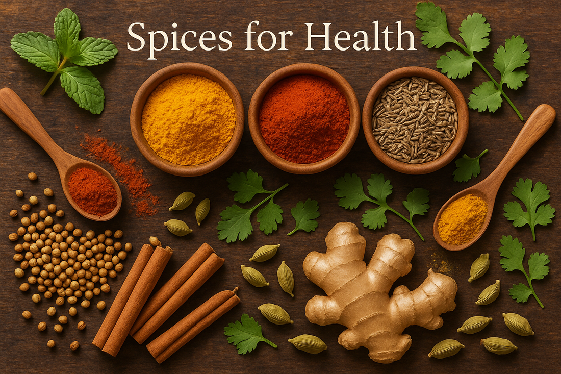 Pure Indian spices for health - turmeric, cumin, cardamom, cloves and black pepper from Phoran Masala