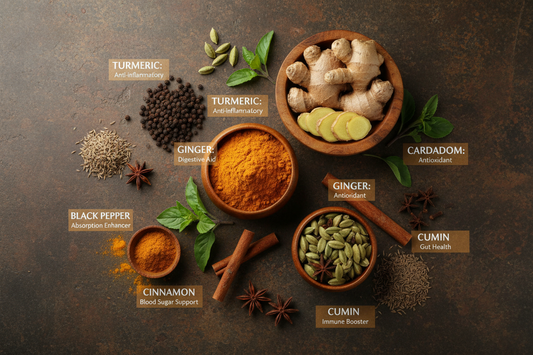 Common Indian spices including turmeric, cumin, cardamom and black pepper with their health properties explained
