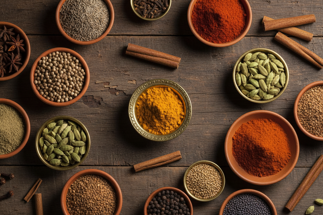 Indian healing spices — turmeric, cumin, cardamom, cloves, black pepper and fenugreek from Phoran Masala