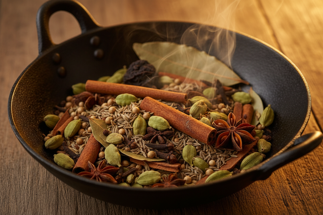 Indian spices with their Hindi and English names — turmeric, cumin, cardamom, coriander, cloves, and mustard seeds