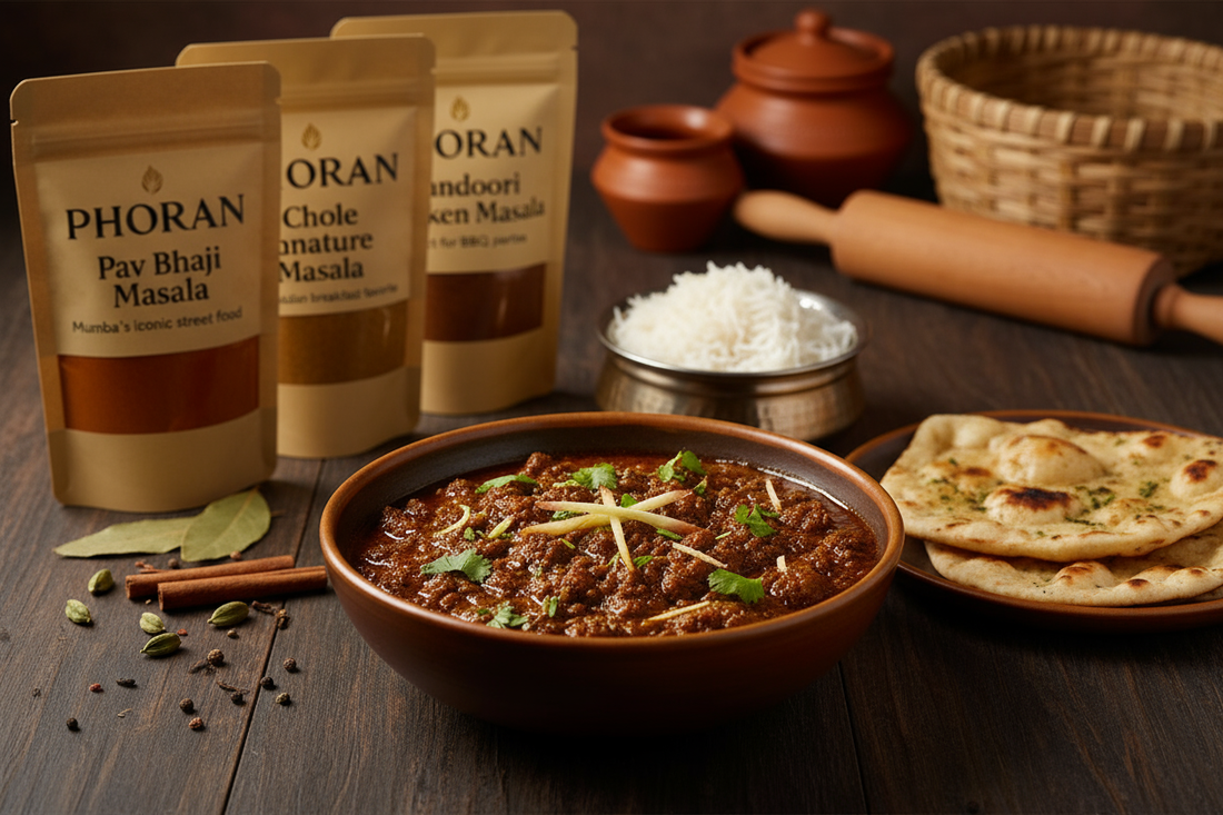Authentic North Indian keema curry — spicy minced meat with Phoran garam masala, cumin and coriander, garnished with fresh coriander and green chillies