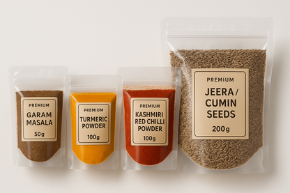 Buy spice packets of Garam Masala, Turmeric Powder, Kashmiri Red Chilli Powder, Jeera/Cumin Seeds.