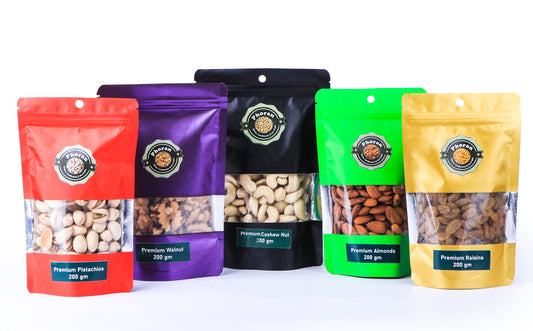 PACK OF 5 DRYFRUITS 50 GM EACH - ALMOND / CASHEWNUT / RAISIN / WALNUT KERNEL / PISTACHIO