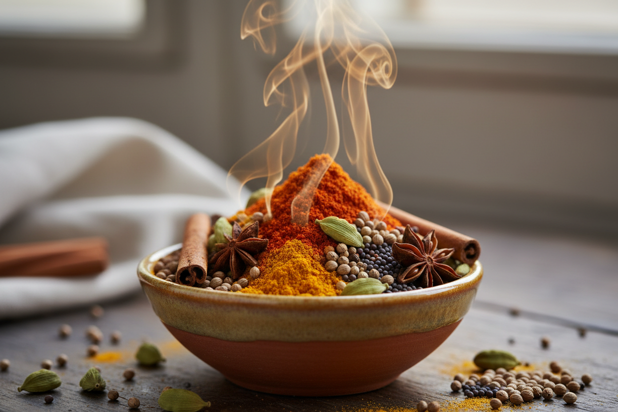 "Traditional dry roasting of whole spices in small batches"
