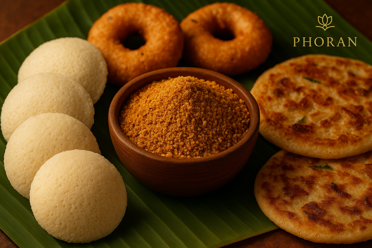 idli podi powder in bowl with Idli Vada uttapam, phoran branding