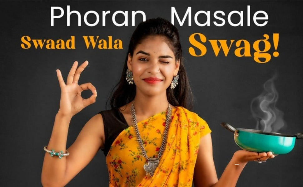 Woman in yellow saree holding a green pot with text 'Phoran Masale Swaad Wala Swag!' on a dark background